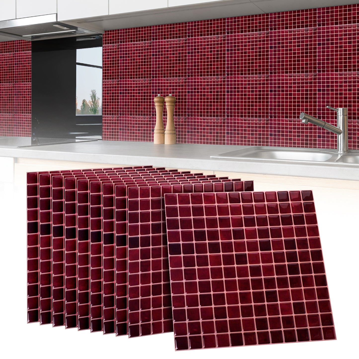 10 zelfklevende tegels - 23.5*23.5cm - Bordeaux rood
