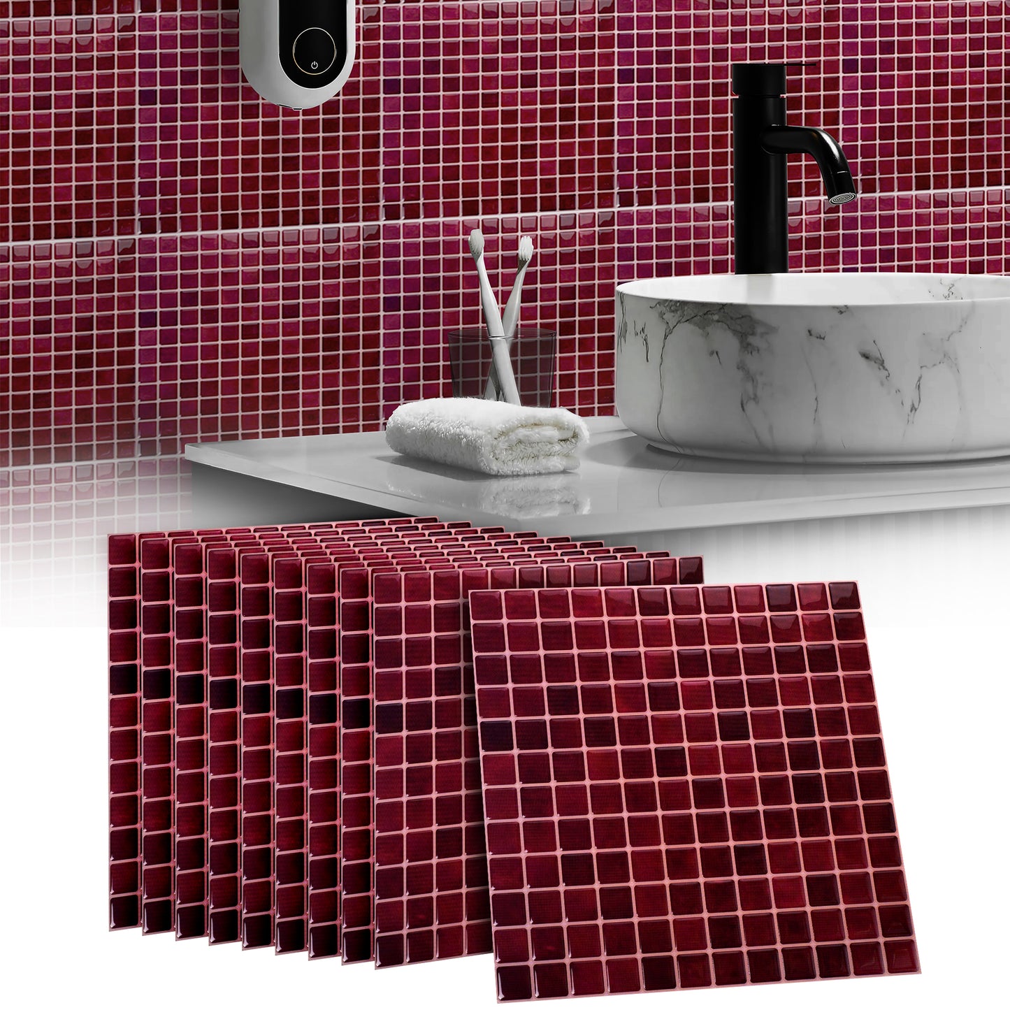 10 zelfklevende tegels - 23.5*23.5cm - Bordeaux rood